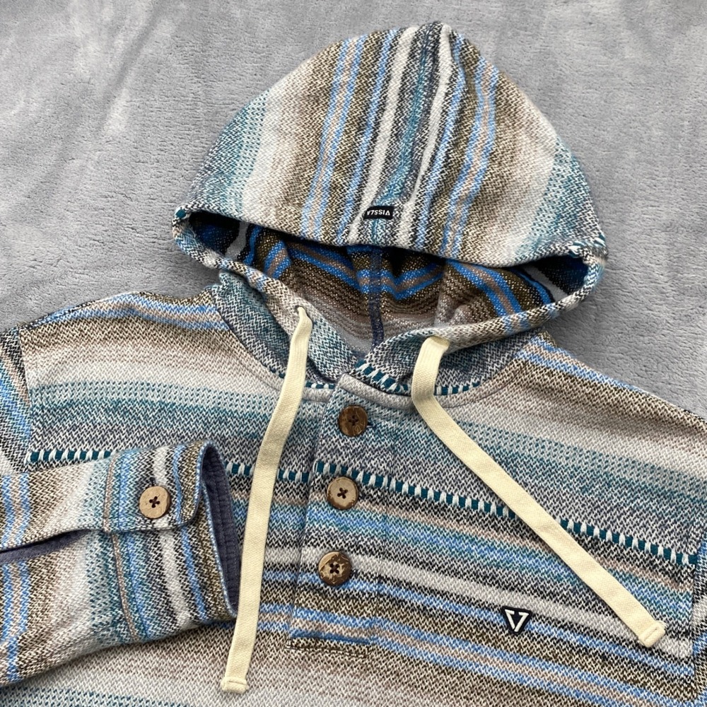 Vissla Mens Medium Baja Stripe Pullover Hoodie Blue Tan Woven Henley Surf Beachy